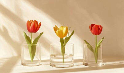 Poster - A serene display of three tulips in glass vases, showcasing vibrant colors and natural beauty.