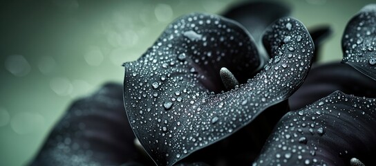 Poster - Close-up of dark flower petals adorned with water droplets on a soft green background.
