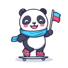 Poster - A cheerful panda on a skateboard, holding a flag and wearing a scarf.