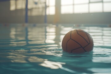 Wall Mural - A basketball partially submerged in a pool, reflecting light and creating a serene atmosphere.