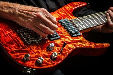 Aufkleber - A close-up of a hand playing a vibrant electric guitar with intricate wood patterns.