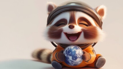 Poster - A cheerful raccoon in an astronaut suit holds a globe, symbolizing exploration and joy.
