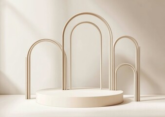 Poster - Minimalist display featuring curved arches and a circular platform in soft tones.