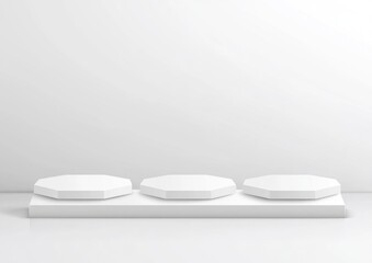 Poster - A minimalist display stand with three octagonal platforms on a white background.