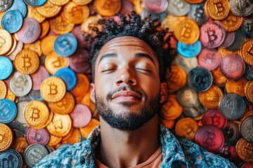 Poster - Surreal financial image of a man surrounded by vibrant Bitcoin tokens, perfect for innovative branding.