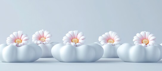 Poster - A serene arrangement of white, rounded vases with pink and white flowers.