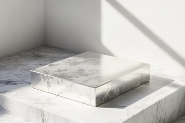 Poster - A reflective, minimalist box on a marble surface, showcasing modern design aesthetics.