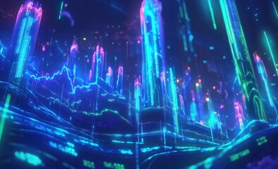 Aufkleber - A vibrant, futuristic landscape featuring glowing structures and digital elements.