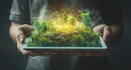 Poster - A person holds a tablet displaying a vibrant, glowing forest landscape.