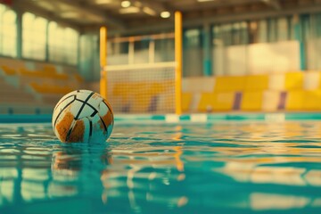 Poster - A water polo ball floating in a pool with a goal in the background.