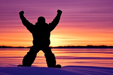 Poster - A silhouetted figure celebrates against a vibrant sunset over a snowy landscape.