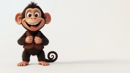 Fototapete - A cheerful cartoon monkey character with a playful expression, standing against a plain background.