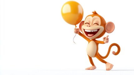 Fototapete - A cheerful cartoon monkey holding a yellow balloon, expressing joy and playfulness.
