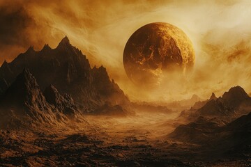 Wall Mural - a large planet is in the sky above a rocky desert
