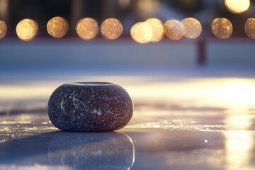 Poster - A curling stone rests on an ice rink, illuminated by blurred lights in the background.