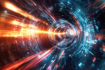 a bright orange light is shooting through a tunnel