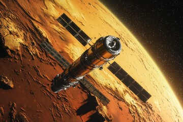Wall Mural - A space shuttle is flying over a planet with a yellowish tint