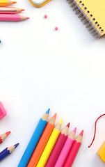 Aufkleber - Colorful stationery arranged in a modern flat lay design on a white background for back to school season business inspiration._00003_