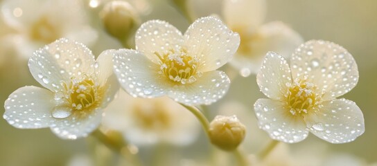 Poster - Delicate white flowers adorned with water droplets in a soft, blurred background.