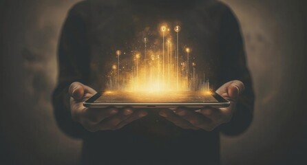 Leinwandbilder - a person holding a tablet emitting glowing data visualizations.