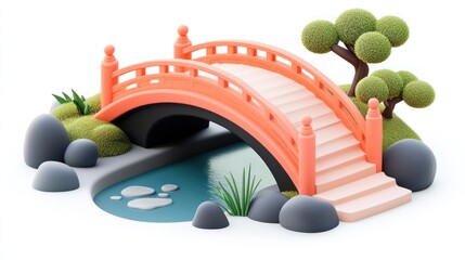 Poster - A stylized bridge over a serene pond, surrounded by greenery and smooth stones.