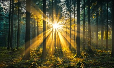 Wall Mural - sunlight streaming through trees in a serene forest.