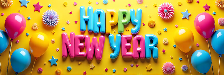 Poster - Colorful celebration props feature a vibrant Happy New Year message surrounded by anniversary concepts on a bright and playful design background._00003_