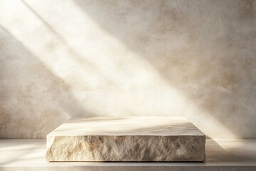 Poster - A minimalist stone platform against a textured wall with soft lighting.