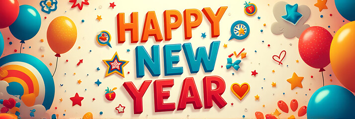 Poster - Colorful celebration props feature a vibrant Happy New Year message surrounded by anniversary concepts on a bright and playful design background._00002_