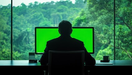 Aufkleber - A silhouette of a person at a desk, facing a green screen and a lush outdoor view.