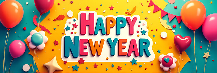 Poster - Colorful celebration props feature a vibrant Happy New Year message surrounded by anniversary concepts on a bright and playful design background._00001_
