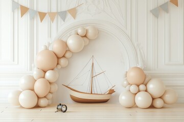 Poster - A whimsical decoration featuring a wooden boat surrounded by beige balloons and bunting.