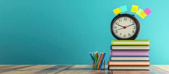 Poster - A clock atop stacked books with colorful sticky notes and pens, symbolizing study and organization.