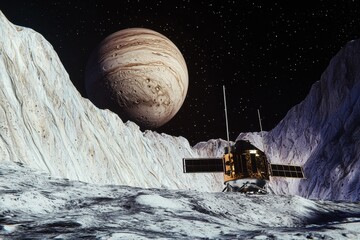 Wall Mural - a space shuttle is on a planet with a large, rocky moon in the background
