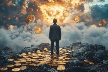 Poster - Surreal financial storytelling featuring a man standing amidst floating Bitcoin tokens in a sleek design.