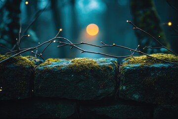 Aufkleber - A serene, moss-covered stone wall with twinkling lights and a glowing background.