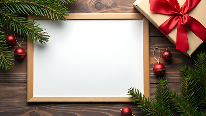 Aufkleber - Christmas concepts with a wooden table background feature an empty frame, paper, gift box, ornament, and space for writing messages._00002_