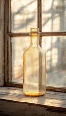 Poster - A vintage glass bottle sits on a windowsill, illuminated by soft natural light.