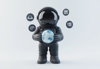Poster - A stylized astronaut holding a globe with icons representing technology and information.