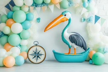 Poster - A festive decoration featuring a pelican balloon and colorful balloons for a celebration.