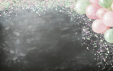 Poster - A festive background featuring balloons and confetti on a chalkboard surface.