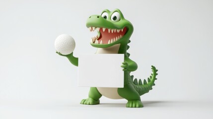 Poster - A cartoon dinosaur holding a blank sign and a ball, ready for playful interaction.