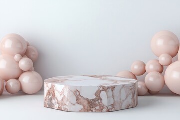 Aufkleber - A minimalist display with a marble platform and pink spheres for product showcasing.