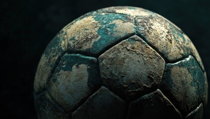 Poster - A close-up of a worn and weathered soccer ball, showcasing its textured surface and hexagonal pattern.