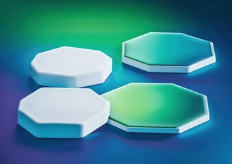 Leinwandbilder - Four hexagonal objects with gradient surfaces on a colorful background.