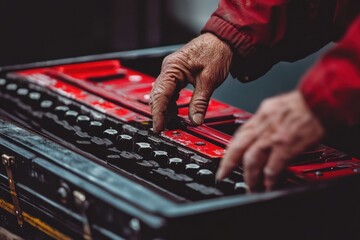 Aufkleber - A close-up of hands working on a toolset, highlighting craftsmanship and maintenance.