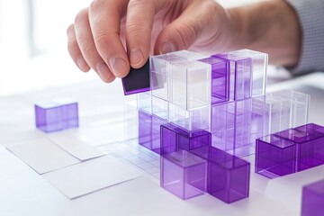 Aufkleber - A hand assembling transparent purple blocks into a structured arrangement on a surface.