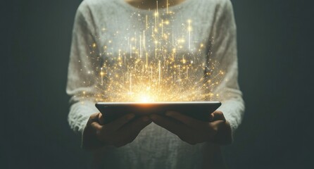Poster - A person holds a tablet emitting glowing particles, symbolizing innovation and creativity.