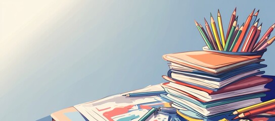 Poster - A colorful stack of books and pencils on a desk, suggesting creativity and study.