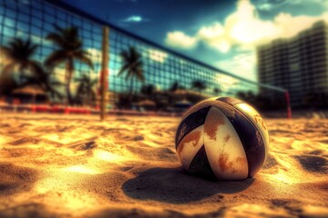 Poster - A beach volleyball rests on the sand near a net, capturing a vibrant, sunny atmosphere.